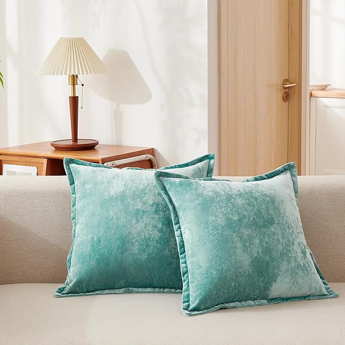 Luxurious Velvet Euro Shams Decorative Throw Pillow Covers 26x26 Set of 2 Solid Square Euro Pillow Shams for Sofa Couch Bedroom, Aqua Green