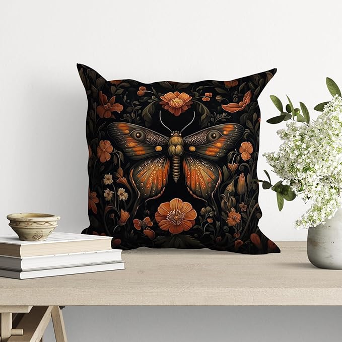 William Morris Abstract Vintage Floral Velvet Butterfly Design Throw Pillow Covers Home Decor, Retro Art Deco Pillowcase Cushion Cover for Bed Sofa Living Room, Square 18x18inch (Orange-Butterfly)