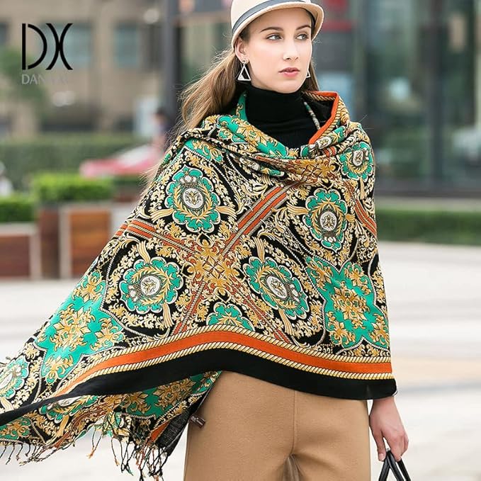 DANA XU 100% Merino Wool Extra Large Pashmina Blanket Travel Scarf Cashmere Wrap for Women Fall Winter Oversize Shawl Floral