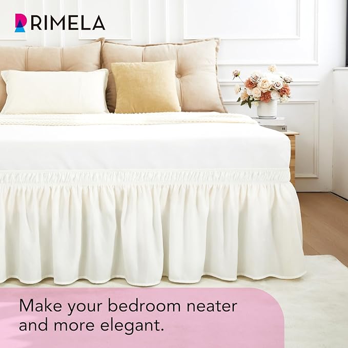 RIMELA Bed Skirt Queen Size 15 Inch Drop, Wrap Around Elastic Bedskirt for Home, Room Decoration for Women, Pleated Adjustable Dust Ruffle, Warm White, Easy to Install