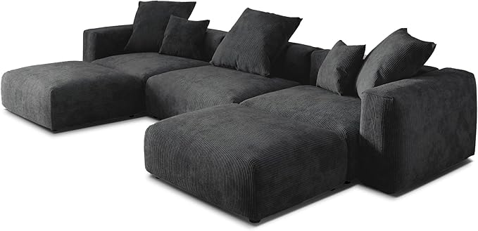 JACH 141" Oversized Modular Sectional Sofa, Deep 3-Seats Sectional Couch with Chaise Ottomans, Huge Plus Convertible Soft Sofas, Corduroy Minimalist Couches for Living Room, Apartment, Black