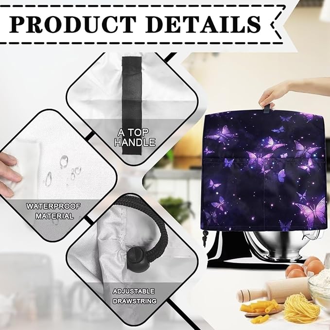 Purple Butterfly Mixer Covers Kitchen Stand Mixer Cover Kitchen Appliance Dust Cover Protection Washable Dustproof Cover for 6-8 Quart Mixer Cover