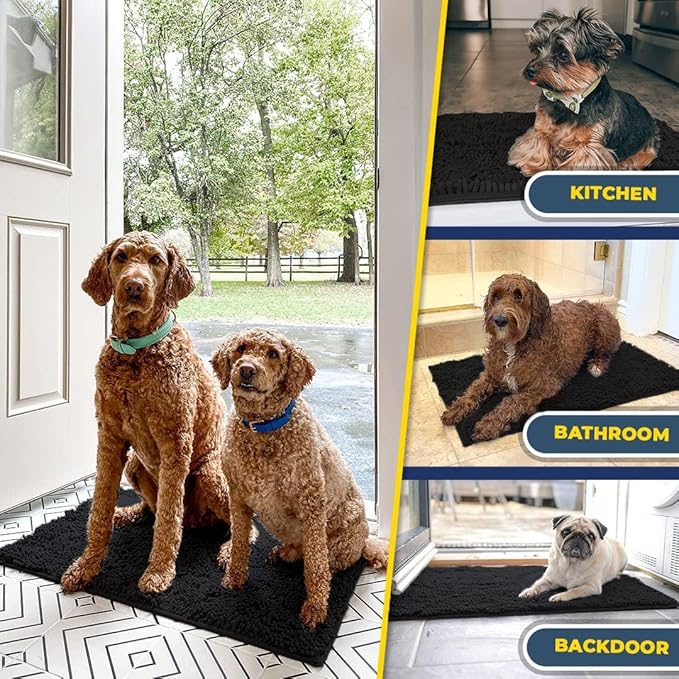 Muddy Mat® AS-SEEN-ON-TV Highly Absorbent Microfiber Door Mat and Pet Rug, Non Slip Thick Washable Area and Bath Mat Soft Chenille for Kitchen Bathroom Bedroom Indoor and Outdoor - Black Large 35"X24"
