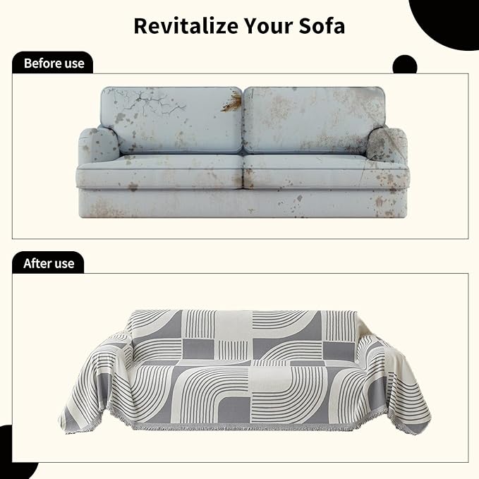 Boho Chenille Couch Cover with Tassels, Bohemian Sofa Cover for 1 Cushion Couch, Armchair, Chair, 1 Seater (71" x 91", Grey)