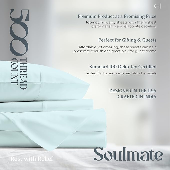 Mayfair Linen 500 Thread Count Full Cotton Sheets - 4 PC Full Size Bed Sheet Set Cotton (Sea Foam), Soft, Cooling, Sateen Hotel-Quality 16" Deep Pocket Bedsheet for Hot Sleepers (Fits 18" Mattress)