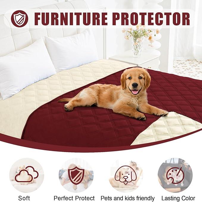 Smiry Waterproof Dog Bed Cover Blanket 68x82, Soft Reversible Pet Blanket, Washable Leakproof Cats Dogs Couch Cover for Sofa, Couch, Furniture, Lattice, Wine Red/Beige