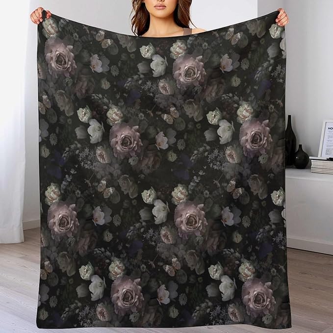 Vintage Gothic Floral Blanket, Black Pink Flower Rose Black Garden Roses Blooming Boho Throw Blankets for Home Bedding Couch Decor, 50"x60"