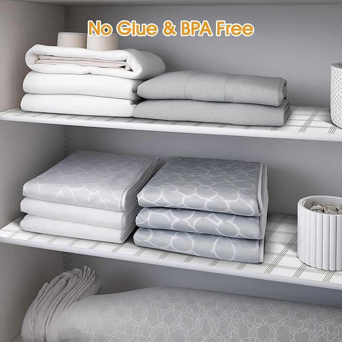 Shelf and Drawer Liner for Kitchen Cabinets Non-Adhesive, Strong Grip Non-Slip Thickened Cabinet Liners for Shelves, Waterproof Mats for Dresser Cupboard, White Square, 12 in x 20 Feet