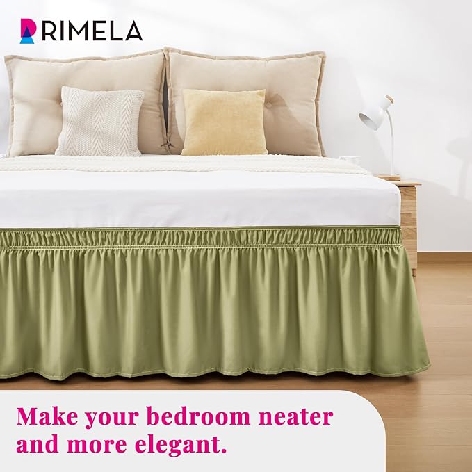 RIMELA Sage Green Bed Skirt Full Size 15 Inch Drop, Elastic Bed Skirting for Bed Base and Frame, Bedding Dust Ruffle Easy to Install, Wrap Around Adjustable Bedskirt