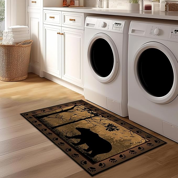 Vintage Entryway Rug 2x3 Washable Kitchen Rug Ulta-Thin Non-Slip Low Pile Indoor Entrance Door Mat,Bear Country Cabin Wildlife Throw Rugs Rustic Small Accent Rugs for Front Door,Bathroom,Bedroom