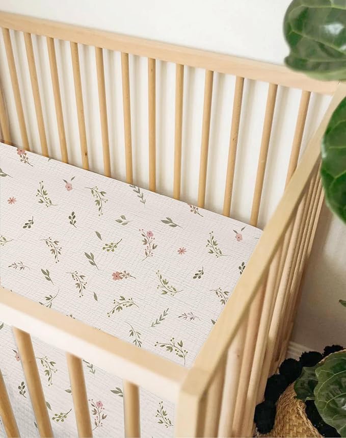 Muslin Bedside Bassinet Sheets 2 Pack, 33x20 Fitted Ultra Soft & Breathable Bedside Sleeper Sheets, Ideal for Baby Girl and Boy, Perfect for Newborns (Petal Leaf & Pink)