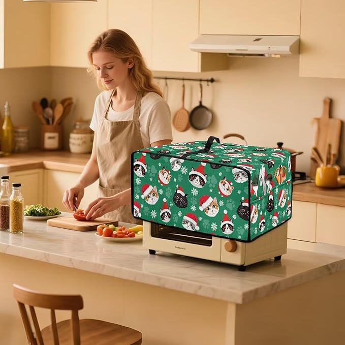 Christmas Decorations Countertop Convection Oven Cover Dust-Proof Toaster Oven Cover with Pockets, Countertop Convection Oven Protector, M, Christmas Hat Cat Paw Snowflake Green