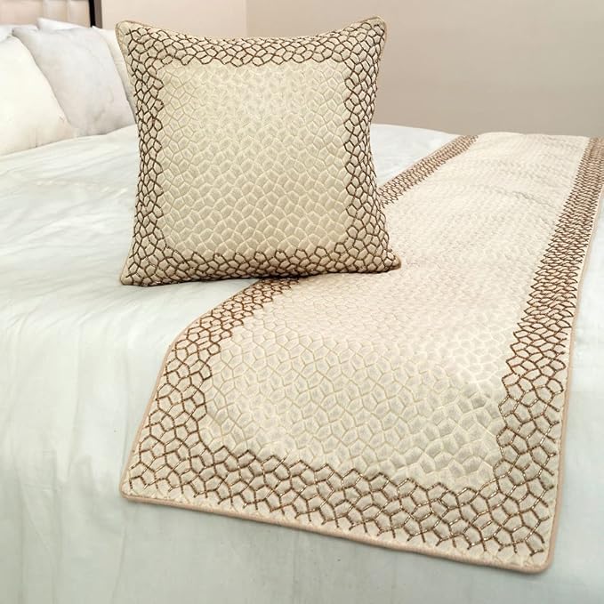 The HomeCentric King/Queen/Twin Ivory & Gold Decorative King 90"x18" Bed Runner Without Pillow Cover, Mosaic & Beaded Bed Scarf on Jacquard Fabric - Tessellation