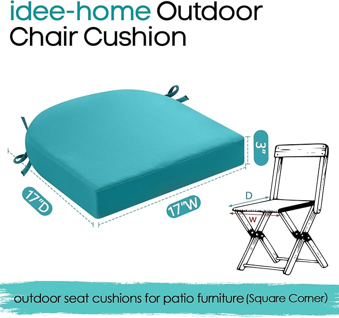 idee-home Outdoor Chair Cushions Set of 4, Thick 17" x 17" x 3" Patio Chair Cushions for Outdoor Furniture Waterproof with Ties, Seat Cushion, Patio Chair Pads Dining Chair Blue
