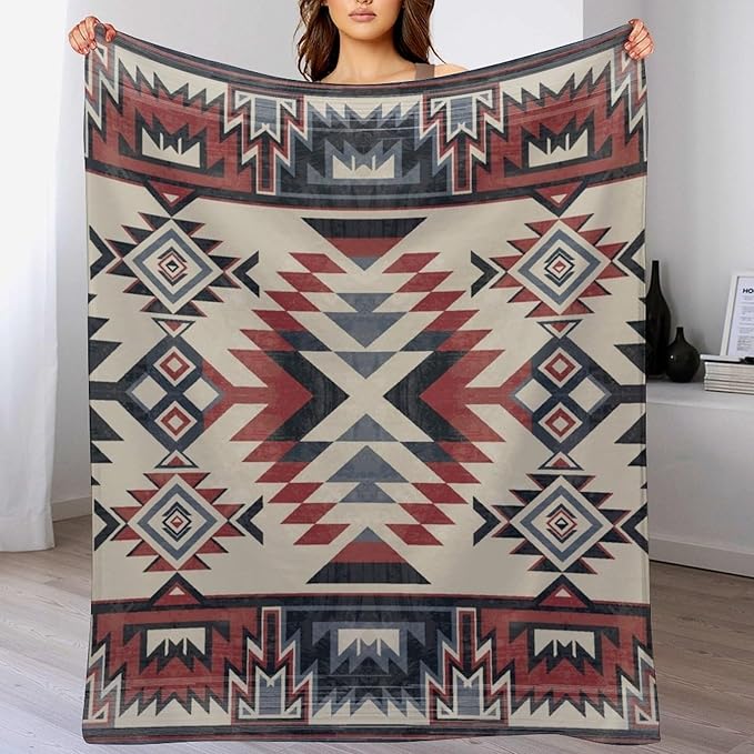 Southwest Blanket, Tribal Indian Throw Blanket Red Black Aztec Ethnic Geometric Print Blanket for Couch Bed Sofa Cover Throw Home Decor 60"x80"