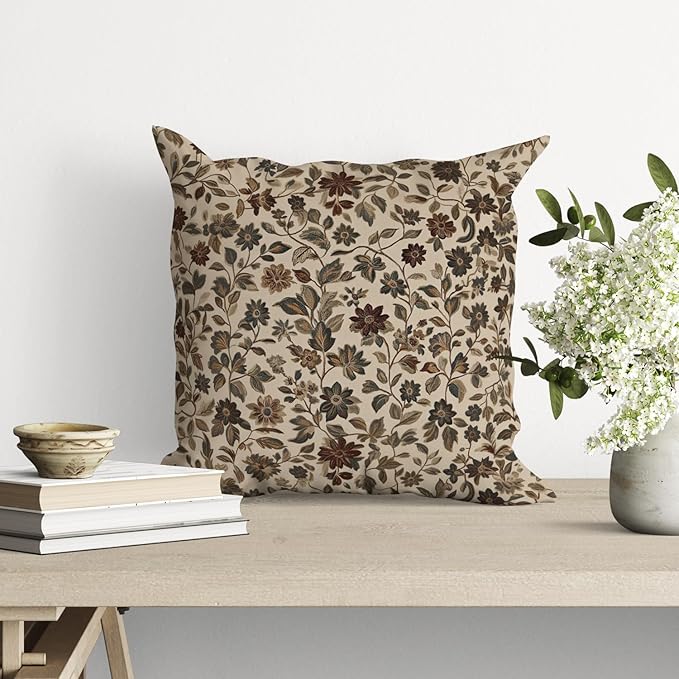 William Morris Abstract Vintage Floral Velvet Butterfly Design Throw Pillow Covers Home Decor, Retro Art Deco Pillowcase Cushion Cover for Bed Sofa Living Room, Square 18x18inch (Beige-Floral)