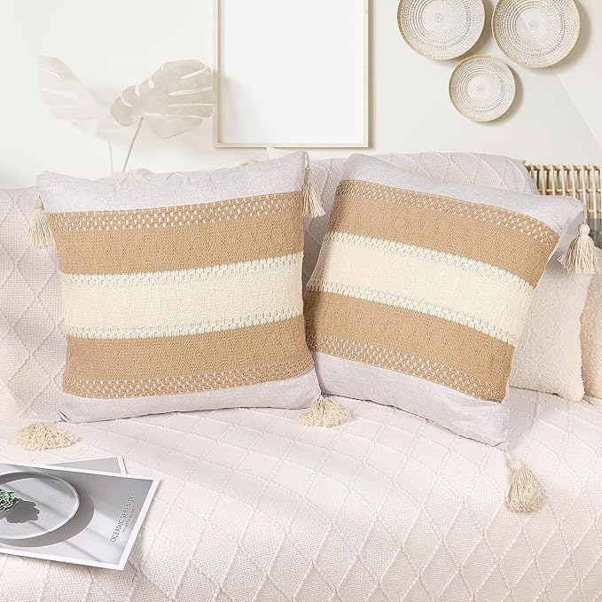 Boho Throw Pillow Covers 18x18in Set of 2,Beige Neutral Pillow Case with Tassel for Large Couch Sofa Room Home Indoor Outdoor Holiday Decorations