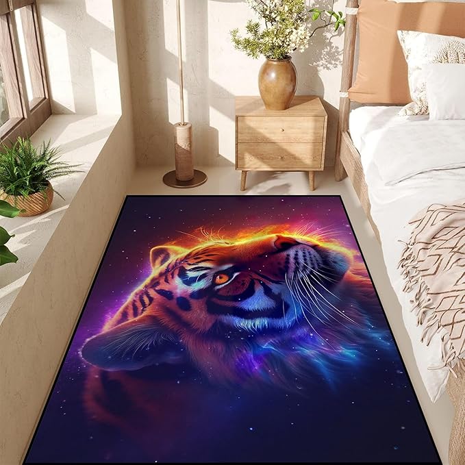 Galaxy Tiger Rug Large 3D Fierce Tigers Area Rugs for Bedroom Living Room Playroom Gameroom Boys Kids Fire Glitter Carpet Throw Rugs Floor Mat 71 in x 47 in