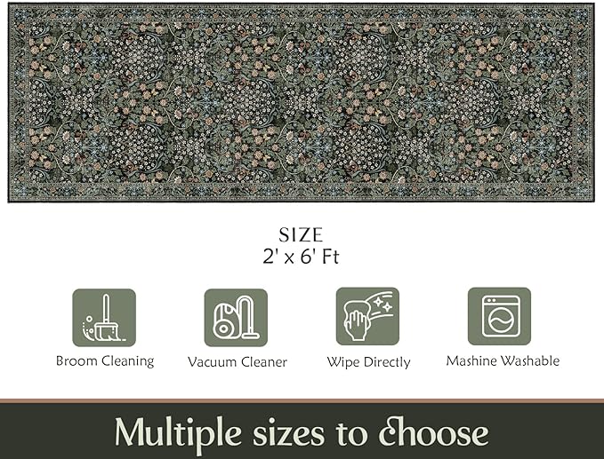 MUJOO Washable Runner Rug,Floral 2x6 Runners for Hallway Kitchen Bedroom Bedside Bathroom Laundry Room,Long Non Slip Throw Carpet Boho Indoor Botanical Vintage Ultra-Thin Black and Green