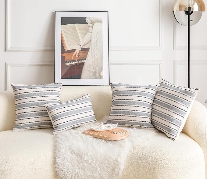 Decorative Boho Throw Pillow Covers, Farmhouse Textured Pillow Case, 22 x 22 Inch Set of 2, Chair Sofa Bedroom Living Room Decor Couch Cushion Case, Navy Blue and Beige Striped