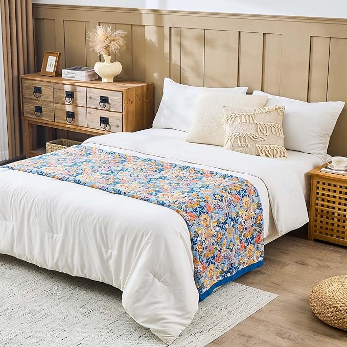 Blue Orange Fall Blanket 50"x 60" Boho Throw Blankets for Couch Bed Chair, 100% Cotton Quilts Warm Soft Blanket Muslin Bed Blankets Home Decor Farmhouse Warm Throws Gifts for Women Mom
