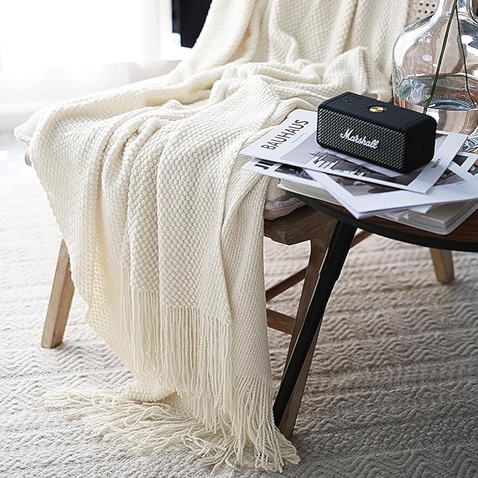LOMAO Knitted Throw Blanket with Tassels Bubble Textured Lightweight Throws for Couch Cover Home Decor (Cream, 50x60)