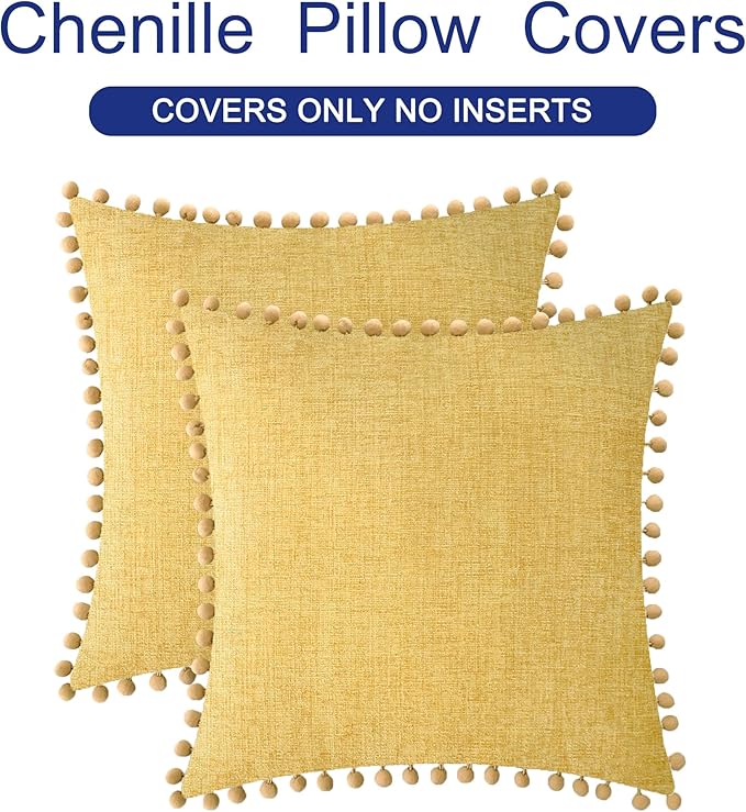 CaliTime Throw Pillow Covers Decorative 18 X 18 Inches Pack of 2 Cozy Solid Dyed Soft Chenille Cushion Cases with Pom Poms for Couch Sofa Bed Living Room Home Gold