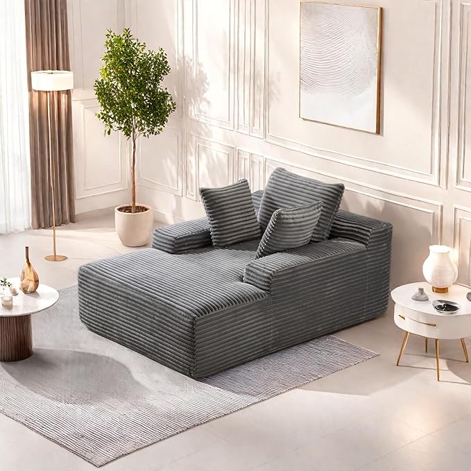 Chaise Lounge Chair Indoor, Oversized Comfy Fluffy Cloud Couch with Throw Pillows & Deep Seat, Modern Lounge Sleeper Couch with Armrests, Upholstered Sofa Bed Chair for Living Room, Grey