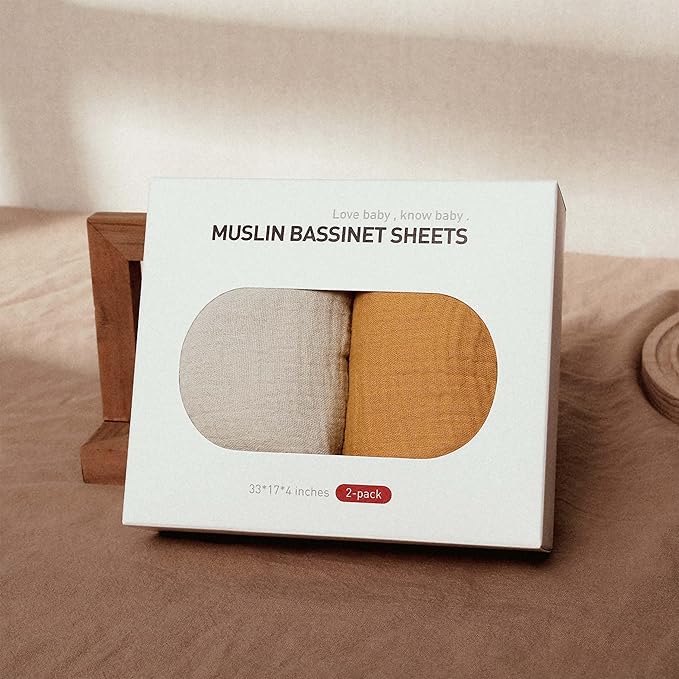 Muslin Bassinet Fitted Sheets, 2 Pack for Baby Boy and Girl, Soft Breathable Stretchy Baby Pad/Mattress Sheet Set, Universal Fit for Hourglass Oval and Rectangle Bassinet Mattress (Elegant Colors)