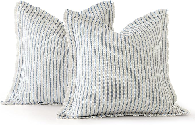 MIULEE Pack of 2 Light Blue Pillow Covers 22x22 Inch Striped Farmhouse Couch Spring Throw Pillow Covers with Fringe Chic Cotton Decorative Cushion Covers for Sofa Living Room Bed Outdoor Home Decor