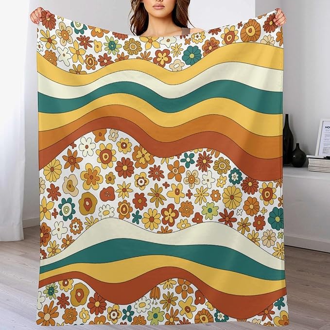 70s Retro Floral Throw Blanket, Boho Groovy Wavy Geometric Hippie Cute Flowers Yellow Orange Abstract Print Blanket for Holiday Theme Home Decor Bedding Couch and Gift 50"x60"