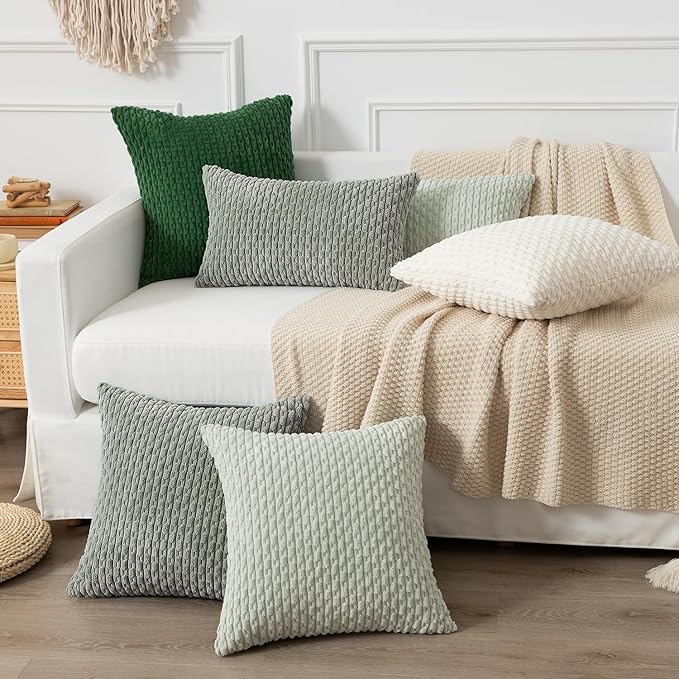 Kevin Textile 12x20 Inch Pillow Cover 1 Pack Boho Decorative Soft Striped Corduroy Lumbar Farmhouse Color Accent Rectangle Cushion Case for Living Room Couch Sofa Bed, Greyish Green