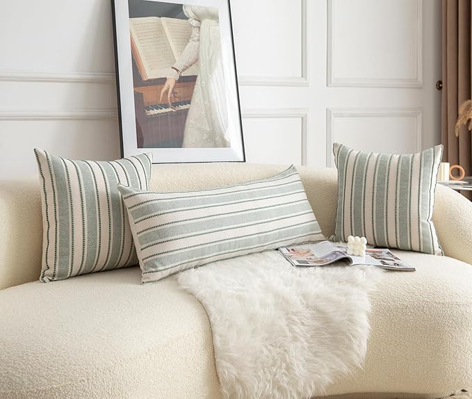 Decorative Boho Lumbar Pillow Covers, Modern Farmhouse Couch Pillowcase, 14 x 36 Long Accent Body Throw Pillow Covers, Sofa Bed Living Room Decor Cushion Case, Green and Beige, Pack of 1