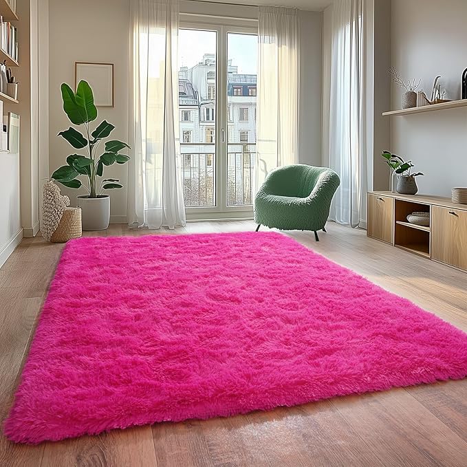 Fluffy Rugs for Living Room, Soft Shaggy for Bedrooms, Hot Pink Area Rug for Bedroom, Cozy Fuzzy Carpet for Kids, Perfect Indoor Decor for Boys and Girls 6x9 Feet