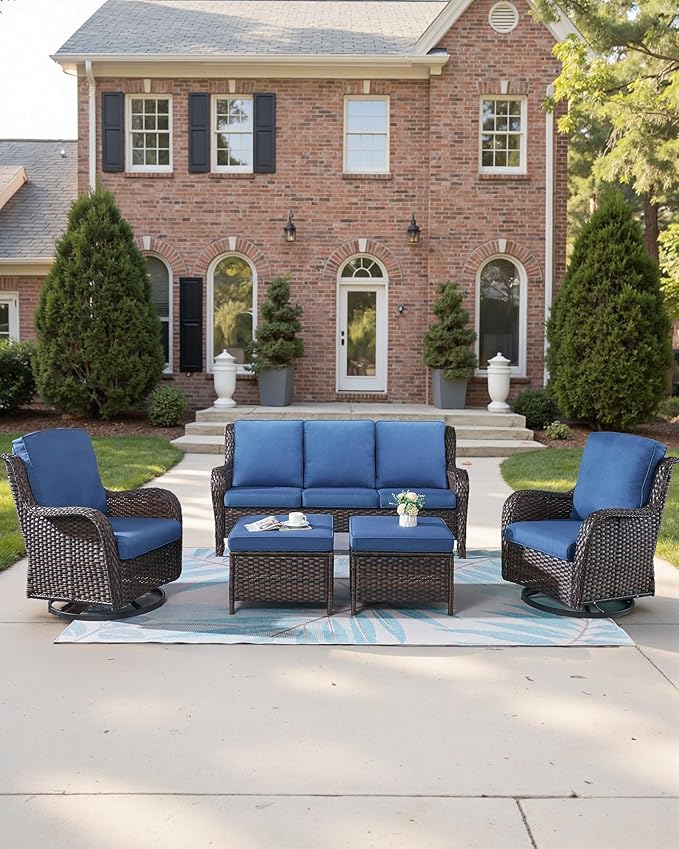 Pop 22x25/22x24 Outdoor Furniture Cushions Set of 6 - Comfortable Patio Chair Cushion for Rattan Wicker Dining Rocking Swivel Chairs Loveseat Couch L-Shape Sectional Sofa - Navy Blue/Classic