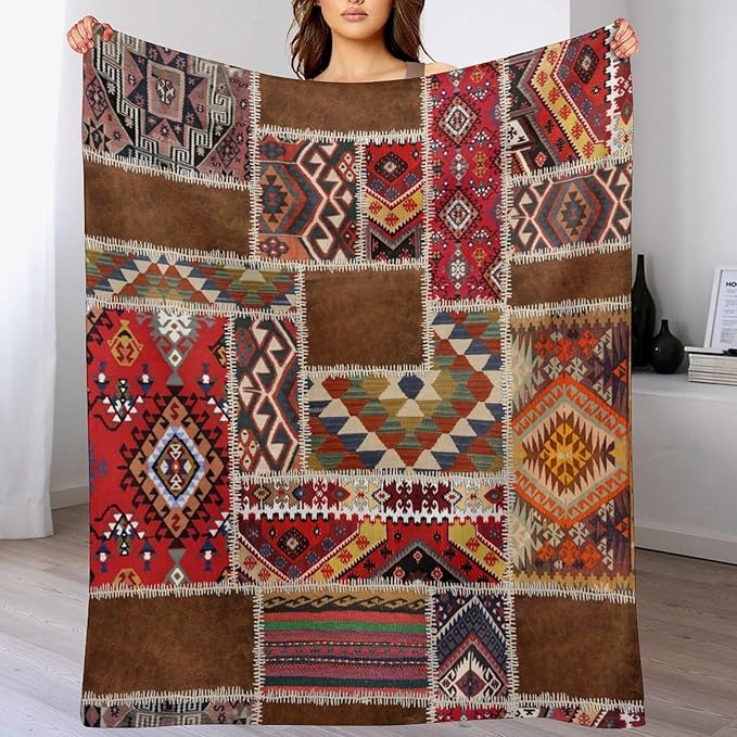 Southwest Aztec Throw Blanket, Native Bohemian Retro Patchwork Traditional Geometric Soft Flannel Blanket Warm Blankets for All Seasons, Bed Couch Sofa 60"x80"