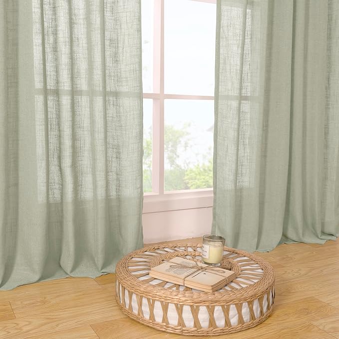 LAMIT Sage Grey Linen Boho Curtains 80 inch Length 2 Panels, Light Filtering Semi Sheer Panels Back Tab and Rod Pocket Neutral Drapes for Bedroom/Living Room, 52 x 80 Inch