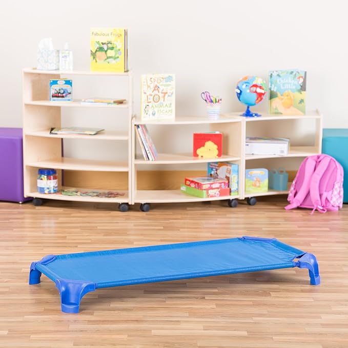 Sprogs Heavy-Duty Stackable 40"L Daycare Cots for Toddlers Ages 1 to 2, Stacking Preschool Classroom Toddler Cots for Sleeping, Resting, Naptime, Pack of 24, Blue
