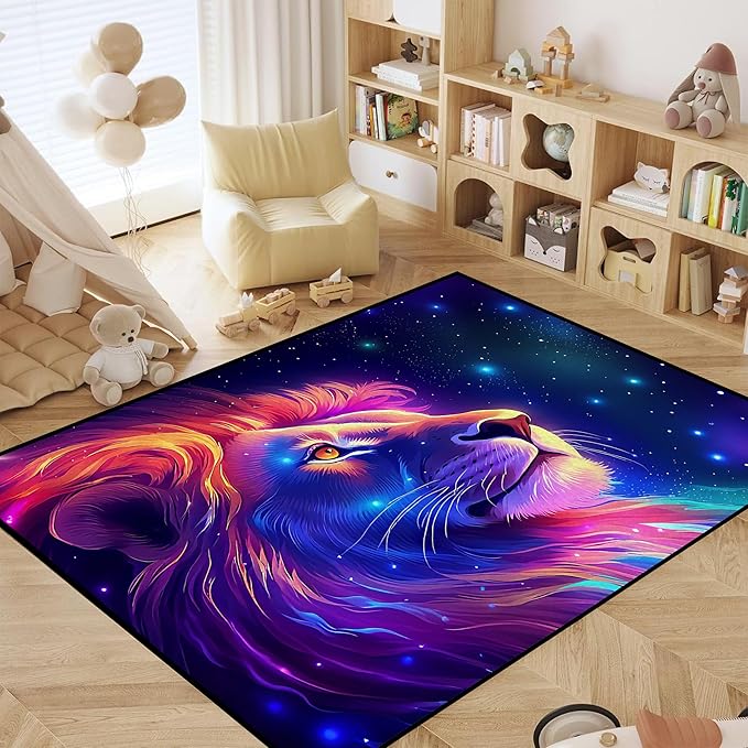 Galaxy Lion Rug Large 3D Fierce Lions Area Rugs for Kids Bedroom Living Room Playroom Gameroom Boys Glitter Carpet Throw Rugs Floor Mat 71 in x 47 in