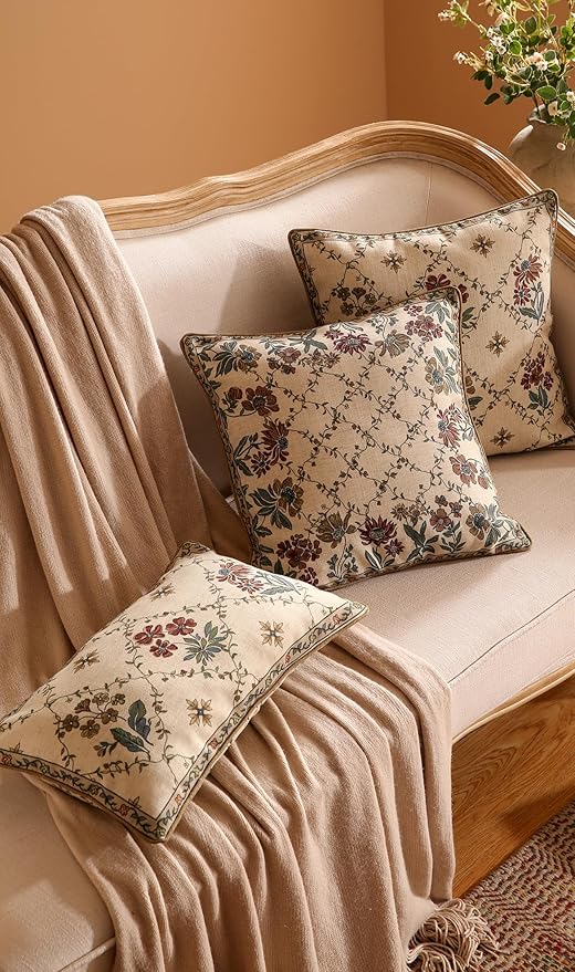 patdrea Designer Throw Pillow Covers,Rectangle Vintage Light Brown Linen with Floral Pattern Pillow Cover,Decorative Lumbar Pillowcases Cushion for Bed Living Room Outdoor Car,12"x20"