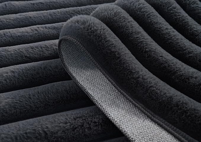 GLORY RUGS Area Rugs Striped Soft Faux Rabbit Fur Rug 5x7 Becky Gray Plush Carpet Shag Cozy Fluffy Rug Non Slip Rugs, Machine Washable Shaggy Area Rug Bedroom Living Room and Dining Room.