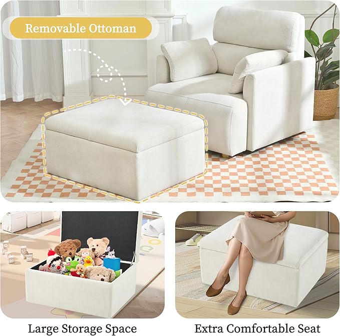 Modern Oversized Accent Chair with Storage Ottoman & Side Pillows, Snowflake Fleece Upholstered Chaise Lounge Chair, Deep Seat Reading Chair for Living Room, 350lbs Capacity