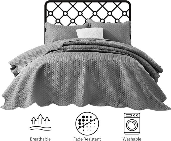 IR Imperial Rooms California King Quilt Bedding Set Size (118"x106") + 2 Pillow Shams (20" x 36"+ 2") - 3 Pcs All Season Reversible Microfiber Coverlet Embossed Quilt Bedspread (Grey)
