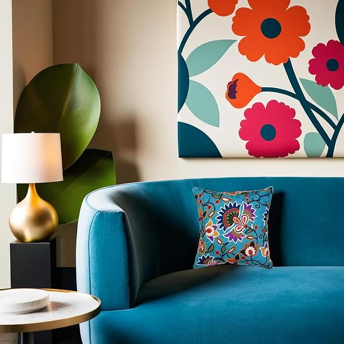 Turquoise Floral Pillow Cover Modern Flower Pillowcase Floral Hand Embroidered Outdoor Cushion Suzani Farmhouse Chair Throw Traditional Chair Cushions Wool Size 18x18