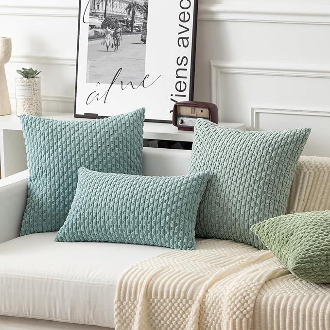 Kevin Textile 12x20 Inch Pillow Cover 1 Pack Boho Decorative Soft Striped Corduroy Lumbar Farmhouse Accent Rectangle Cushion Case for Living Room Couch Sofa Bed, Dusty Green