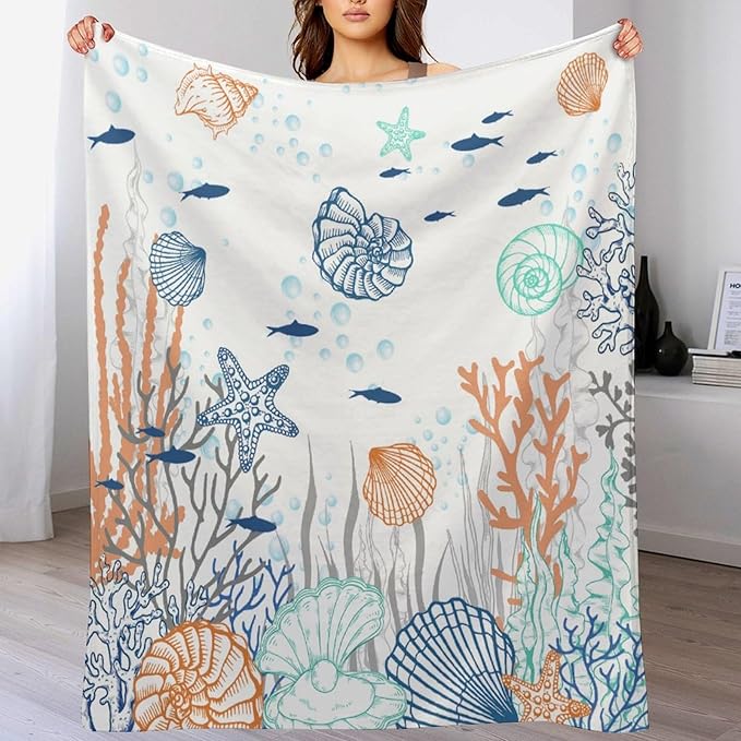 Nautical Coastal Blanket, Starfish Seashell Coral Beach Themed Drapes Ocean Orange Blue Teal Conch Print Throw Blankets for Sofa Couch Bed Room Birthday Decor, 50"x60"