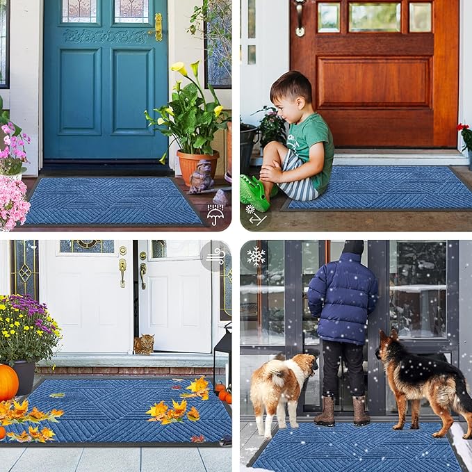 Smiry Front Door Mat Outside Entrance, Heavy Duty Sturdy Natural Rubber Doormat, Trap Dirt and Moisture, Easy Clean Low Profile Mats for Indoor Outdoor Entry, Irregular Triangle (36x24, Blue)