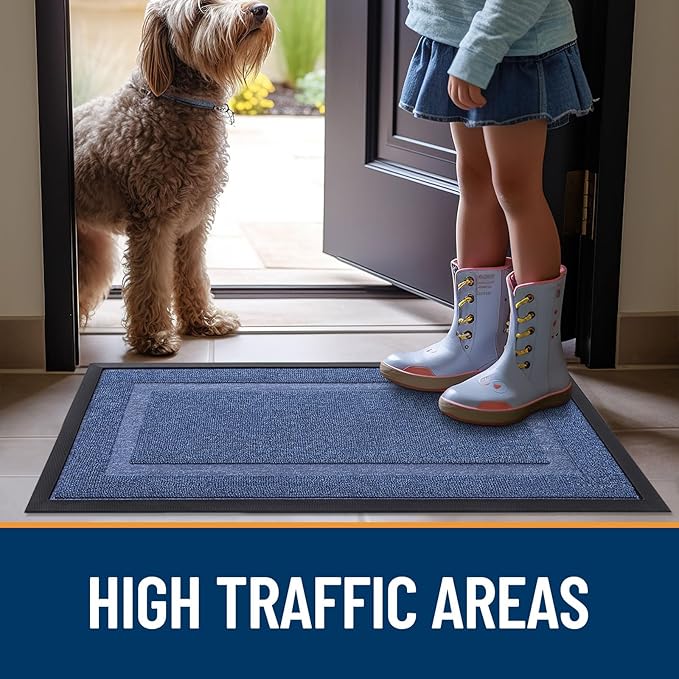 OLANLY Front Door Mat Indoor Outdoor Entrance, Waterproof All-Season, All-Weather Doormat, Sturdy Natural Rubber, Fade Resistant, Low Profile, Easy Clean Patio Porch Entryway Mat, 29.5x17, Light Blue