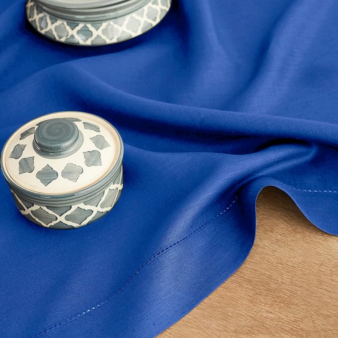 Solino Home Linen Royal Blue Table Runner 132 Inches Long - 100% Pure Linen Extra Long Table Runner 14 x 132 Inch for Christmas, New Year - Classic Hemstitch