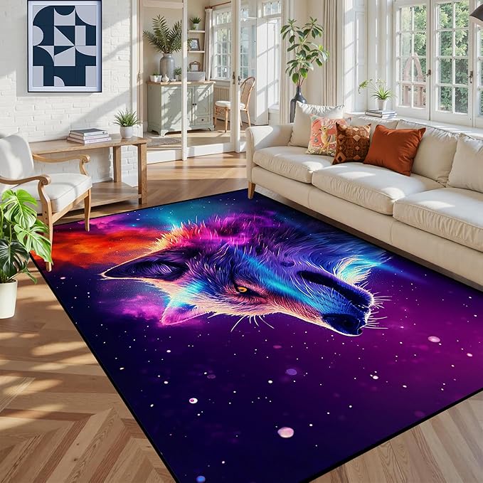 6' x 9' Galaxy Wolf Rug Large 3D Fierce Wolves Space Area Rugs for Bedroom Living Room Playroom Gameroom Boys Kids Colorful Glitter Throw Rugs Floor Mat Carpet,180 X 275cm